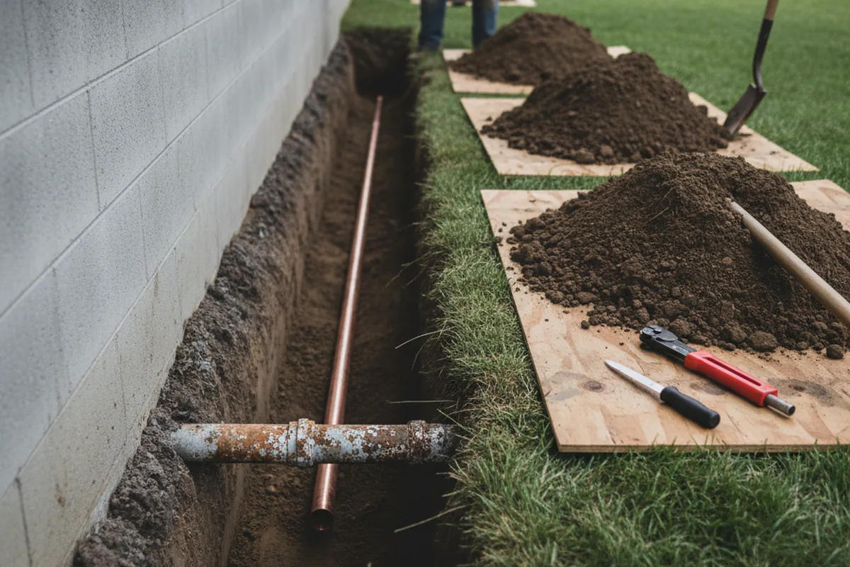 Excavated water line trench during Water Softener Installation in Baldwin Place